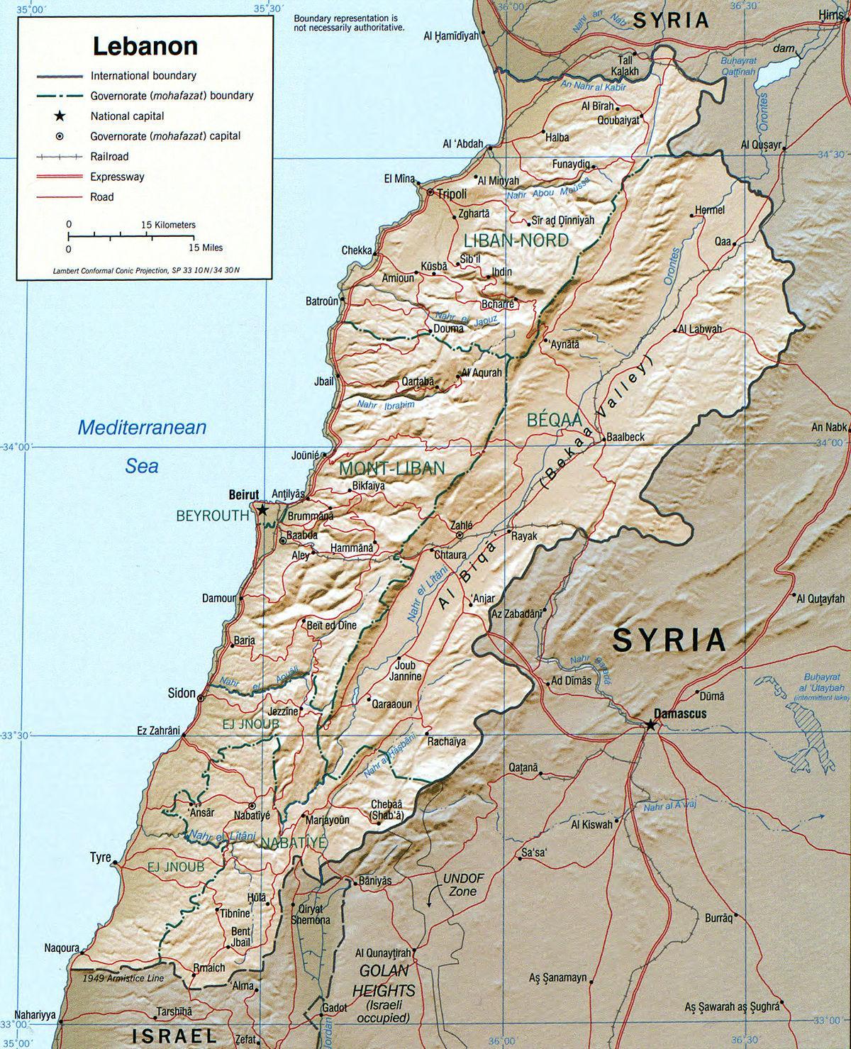 карта Либана географије