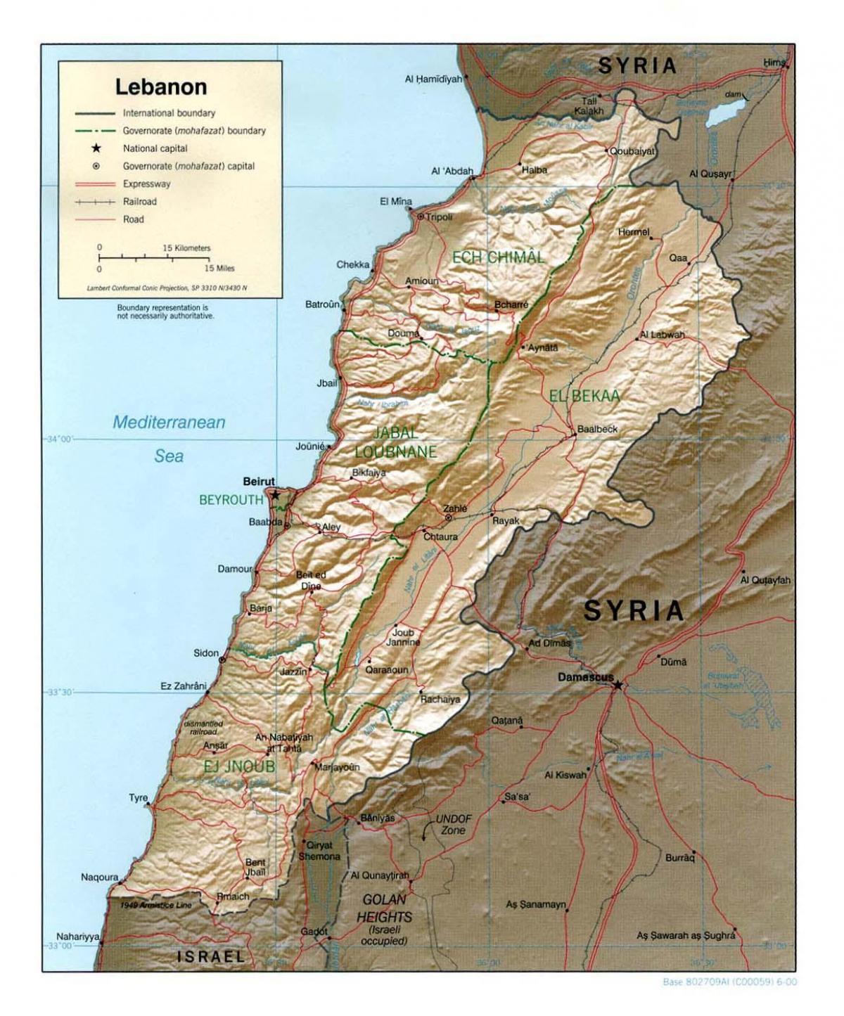 карта Либана топографске
