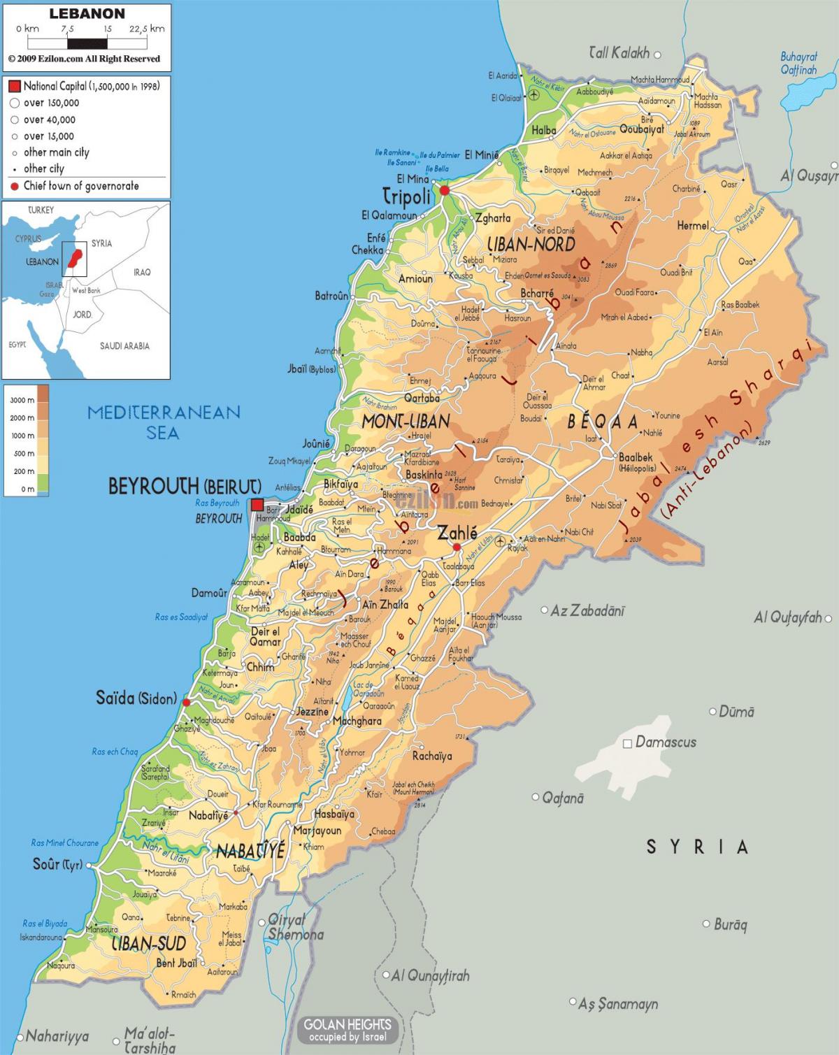 карта Либана физичке